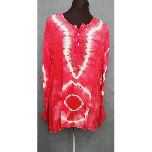 Soft Surroundings 100% Silk Hot Pink Red Tie Dye Button Up Tunic Top Size M - Picture 2 of 9